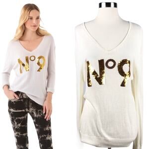 WILDFOX White Label White Sweater Gold Sequins No. 9 V-Neck Angora Oversized XS
